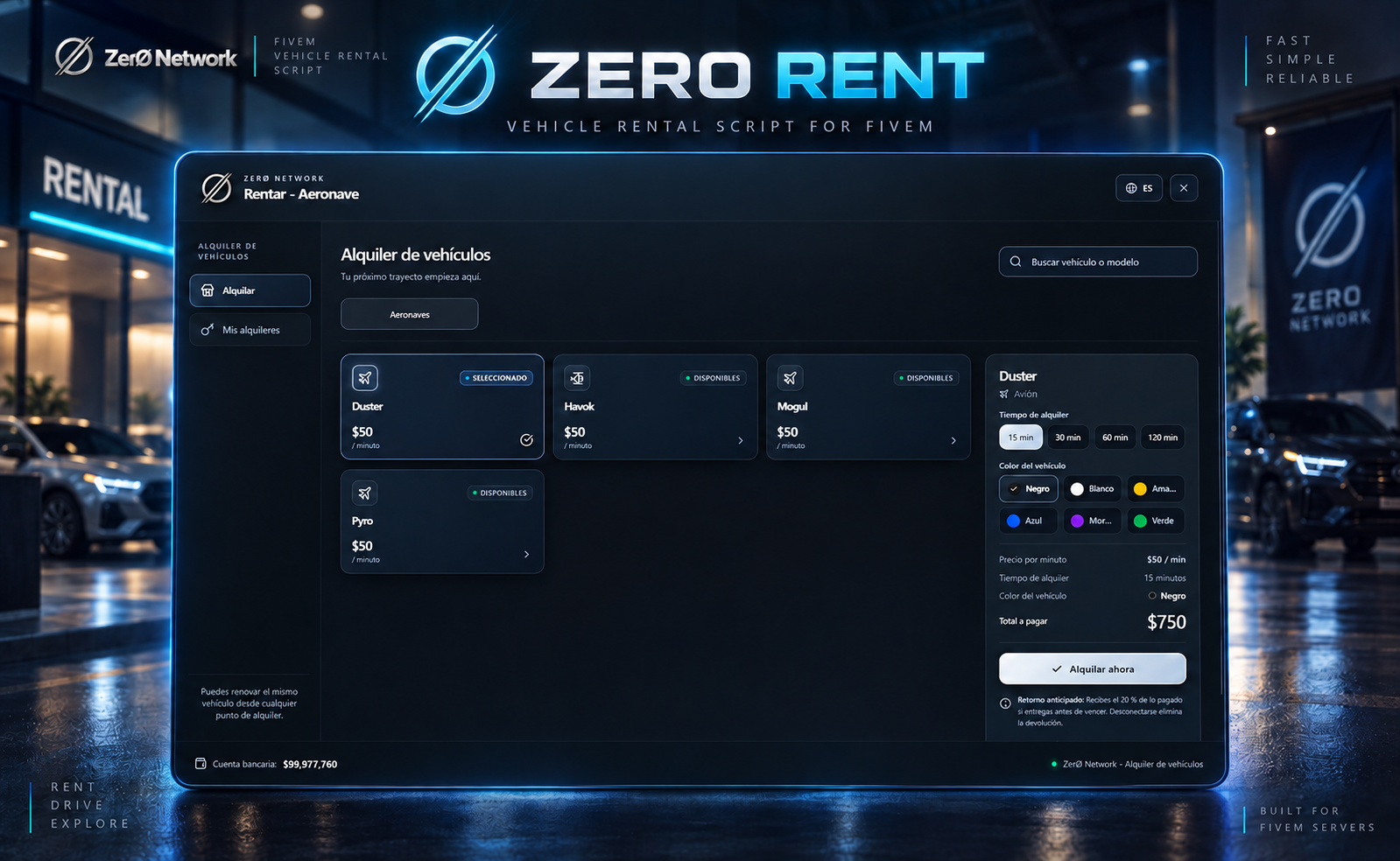 Panel de alquiler de ZerØ Rent Vehicle